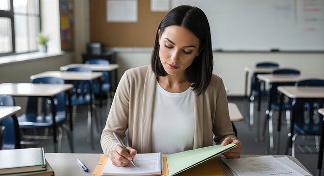 Teacher reviewing folders and writing notes after class shows realistic documentation workflow, instructional planning and quiet professional school routine.