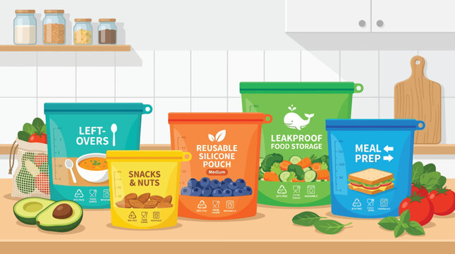 Reusable silicone food storage pouches and kitchen supplies on countertop