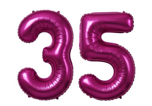 Two large, shiny magenta foil balloons shaped as the numbers 3 and 5, isolated on white background