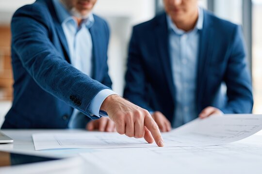 Two men in blue blazers pointing at architectural blueprints corporate planning