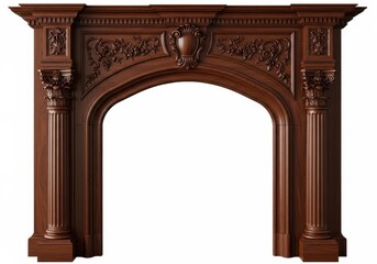 Fototapeta premium An elegant dark wood fireplace mantel with intricate carvings and classical architectural columns, isolated on white background