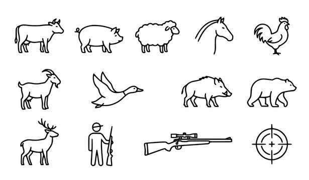 A professional outline icon set representing livestock farm animals, wild forest game, a hunter avatar, a sniper rifle, and crosshair targeting symbols. Minimal vector line art illustrations isolated 