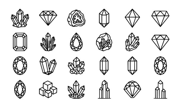 Black and white line drawings of various crystal and gemstone shapes