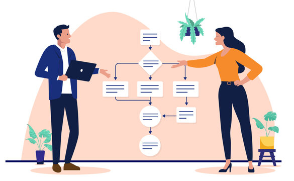 Professional colleagues analysing a complex flowchart scheme during a corporate project presentation, flat design vector illustration of business process management and strategic workflow planning