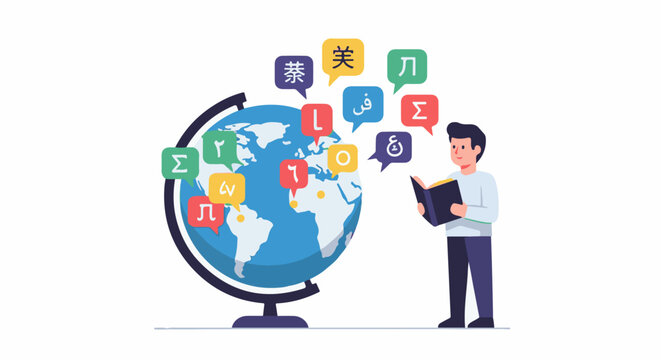 Person reads book near globe with diverse language speech bubbles, signifying global communication and learning