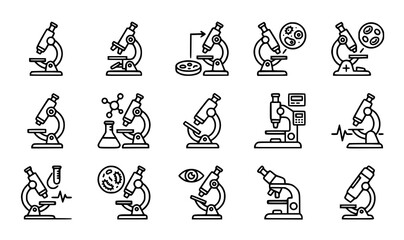 Fototapeta premium Microscope line icons set scientific research equipment biology and medical illustration