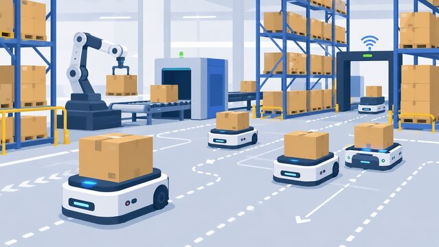 倉庫内で自動搬送ロボットとロボットアームが荷物を運ぶ無人化システム