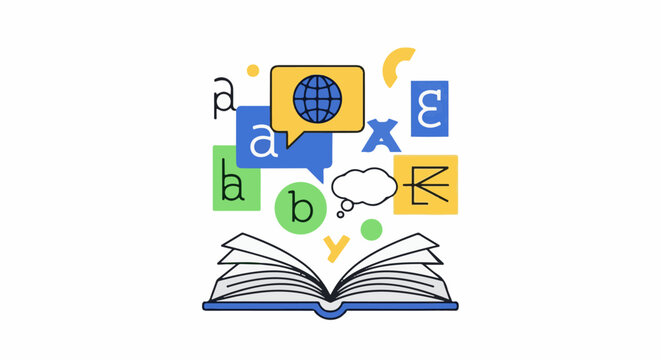 Open book with scattered letters, speech bubbles, and a globe symbol on white