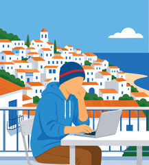 Obraz premium Digital Nomad Man Working on Laptop from Balcony Overlooking Mediterranean Coastal Town