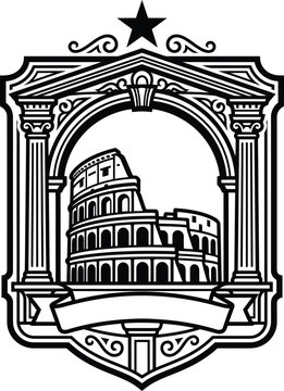 A intricate monochromatic vector emblem featuring the iconic Roman Colosseum framed by classical pillars and a foremost star symbol.