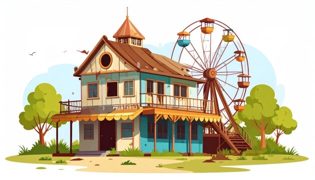 Colorful Vintage Amusement Park Building with Ferris Wheel in Illustrated Outdoor Scene