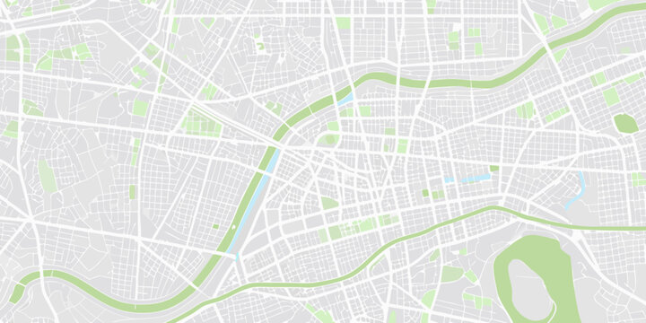 City map illustration pale gray and green color scheme overhead perspective