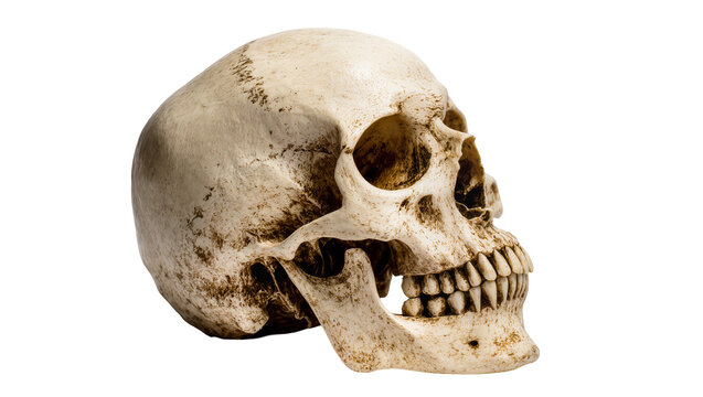 Human skull with teeth and jawbone, aged bone texture