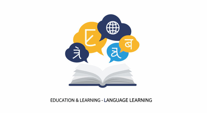 An open book with colorful speech bubbles containing various symbols and a globe, symbolizing language