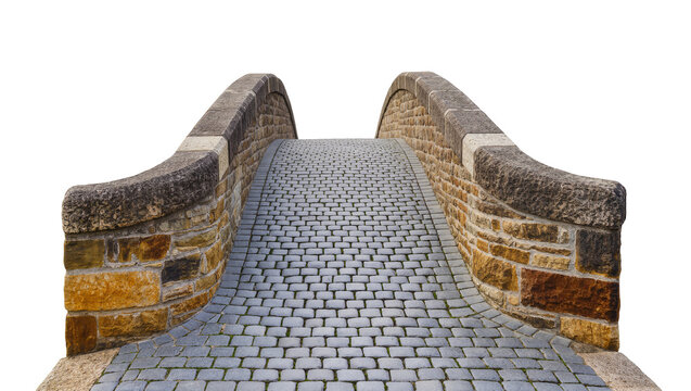 Curved stone bridge with cobblestone path and stone walls