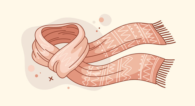 Beautifully draped pink winter scarf with a white geometric zigzag pattern and tassels at the ends on a light beige background.