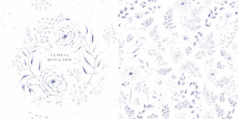 Obraz premium Blue ink floral ornament with delicate botanical illustrations on a white background