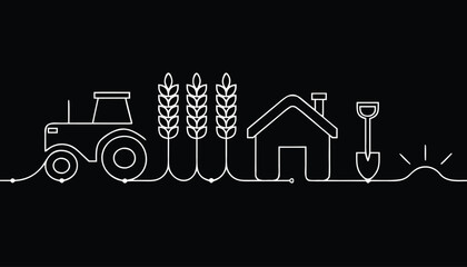 Farm concept with tractor wheat house and shovel represented by white line art on black background © Sadhin07