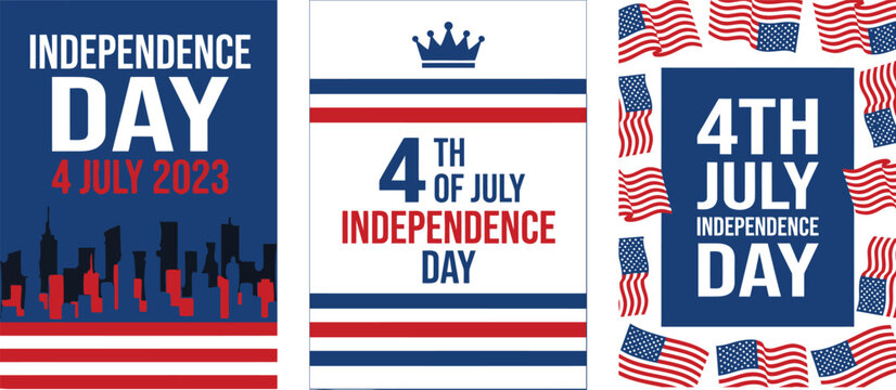Independence Day 4th of July card template pack featuring american flag patterns skyline silhouette and patriotic crown designs