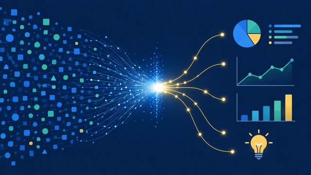 ビッグデータの集約と分析からアイデアが生まれるビジネスインテリジェンスの概念図
