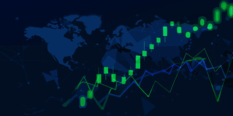 Obraz premium Financial data visualization with world map and candlestick charts dark blue background
