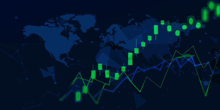 Financial data visualization with world map and candlestick charts dark blue background