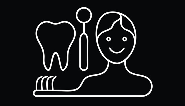 Dental health and hygiene concept line art with tooth dentist and toothbrush symbols
