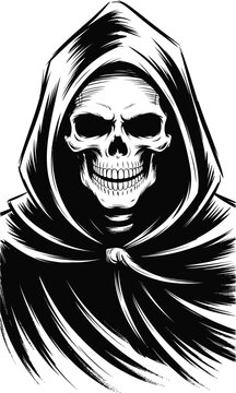 Black and white illustration of smiling skeleton in hood