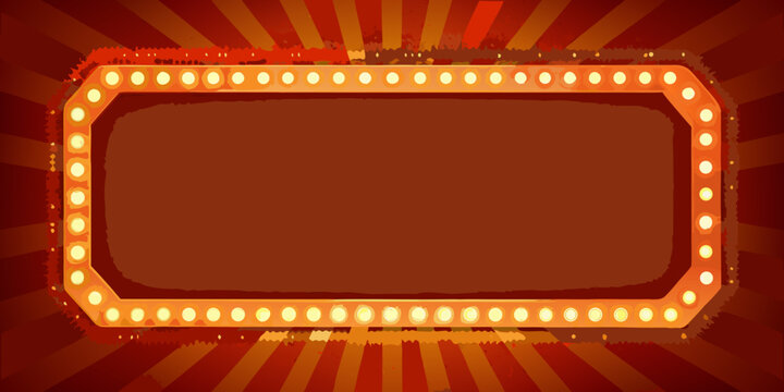 Retro marquee sign frame with glowing yellow lights and radial background