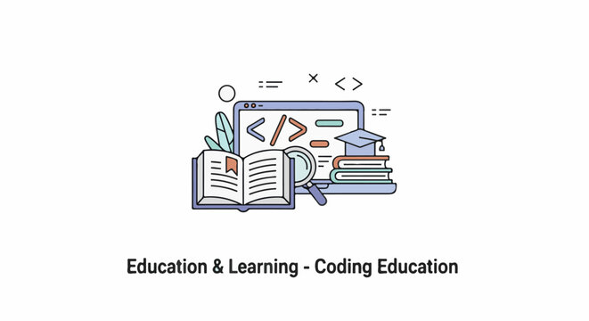 Open book, laptop with code symbols, magnifying glass, stack of books, and graduation cap represent learning