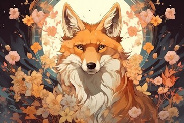 Naklejka premium Fox and flowers fox art wildlife.