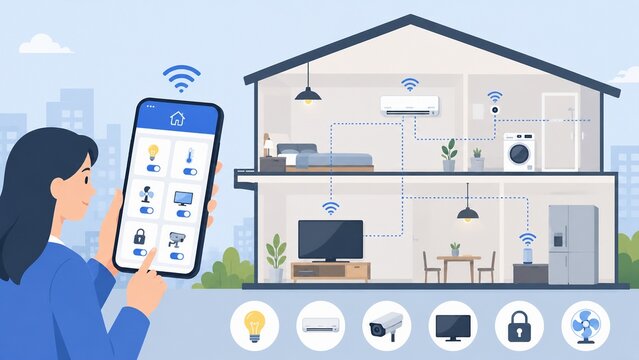 女性がスマートフォンでスマートホーム内の家電を操作する快適なIoT生活