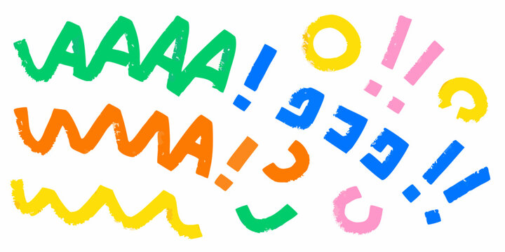 Colorful hand painted exclamation marks and letters on a white background