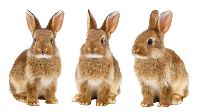 Three fluffy brown rabbits sitting side by side