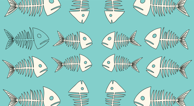 White fish skeletons or bone structures are arranged in a neat repeating pattern on a refreshing teal background.