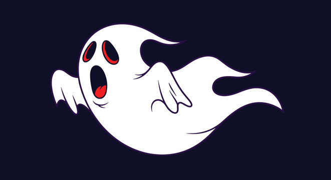 Spooky cartoon ghost flying with a wide open mouth and red eyes on a dark blue background for various halloween vibes.