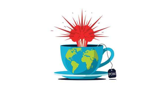 Exploding mushroom cloud rises from the globe of the earth inside a blue tea cup in a conceptual illustration.