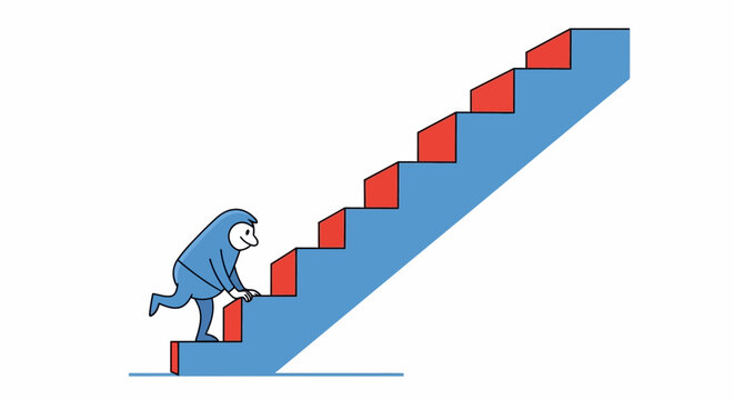Businessman climbing stairs to success slowly.