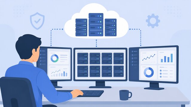 複数のモニターでクラウドサーバーとデータシステムを管理するITエンジニアのイラスト