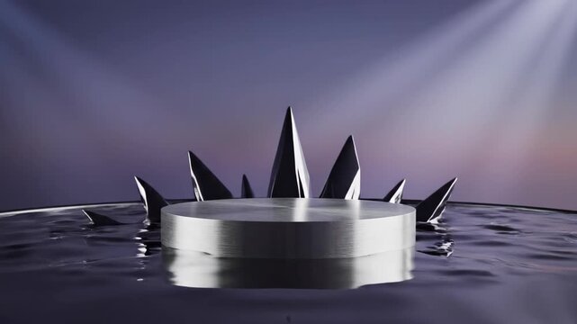 Metallic cylindrical podium surrounded by rising black ferrofluid spikes. Abstract magnetic liquid sculpture. Modern product display for luxury retail marketing