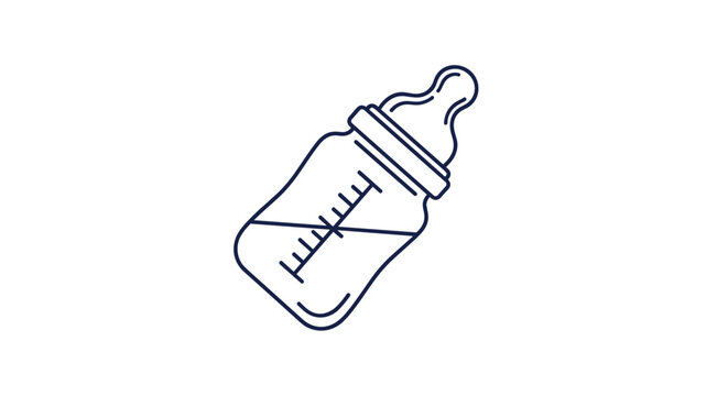 Blue line drawing of a baby feeding bottle from an angled view with measurement marks and a rubber nipple on a white background.