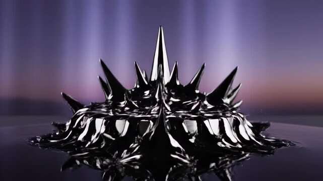 Magnetic fluid forming spikes under metallic disc. Ferrofluid reaction to electromagnetic field. Science experiment with liquid magnet for chemistry and technology