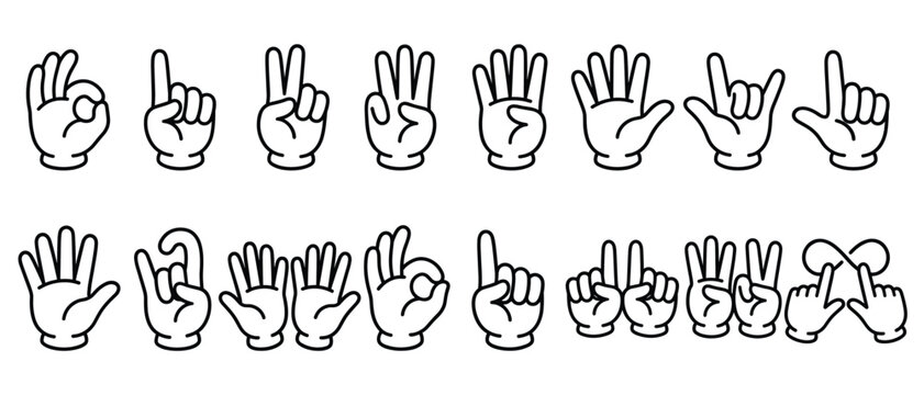Cartoon Gloved Hand Sign Language Counting Gesture Icon Set with Numbers Ok Peace Rock Finger Spell Black Outline Vector
