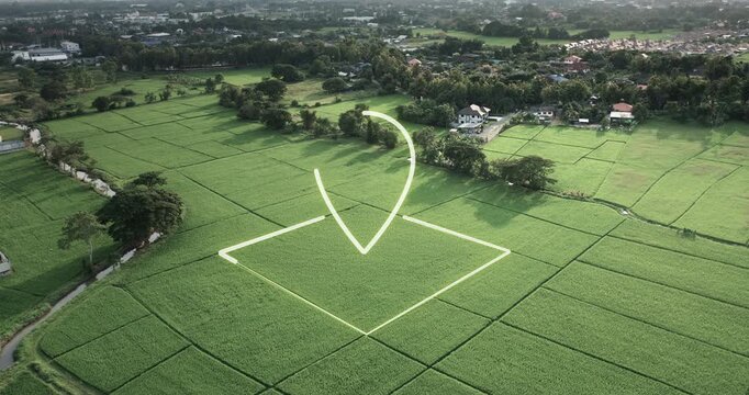 Aerial drone footage of green rice field with GPS location marker and boundary outline highlighting land parcel. Agricultural property concept representing land for sale, real estate investment.