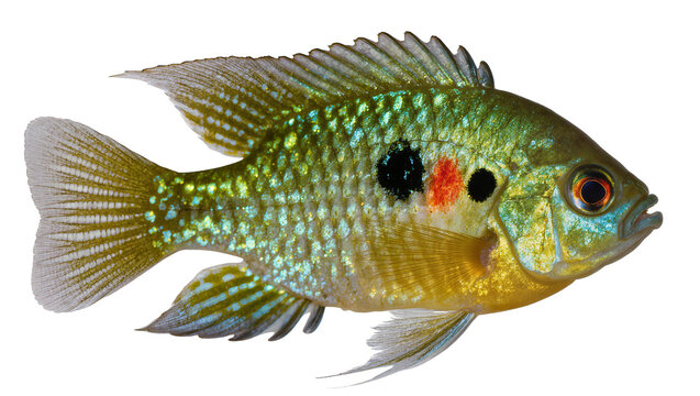 Green and yellow cichlid fish with black and red spots