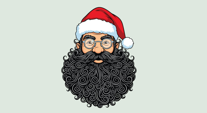 Santa claus head with an exceptionally curly black beard and round glasses provides a unique take on father christmas.