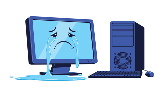 Sad computer monitor with large blue tears and a puddle represents technical issues and broken technology.