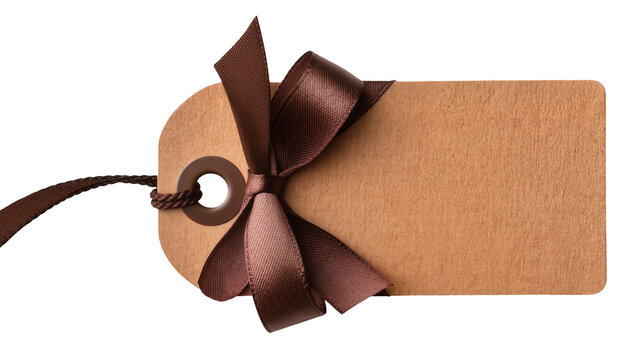Brown ribbon tied on kraft paper tag with string
