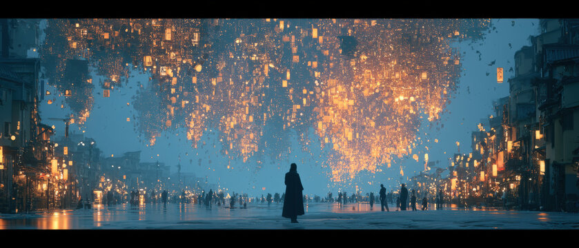 Nightfall descends over a glowing, lantern-lit street