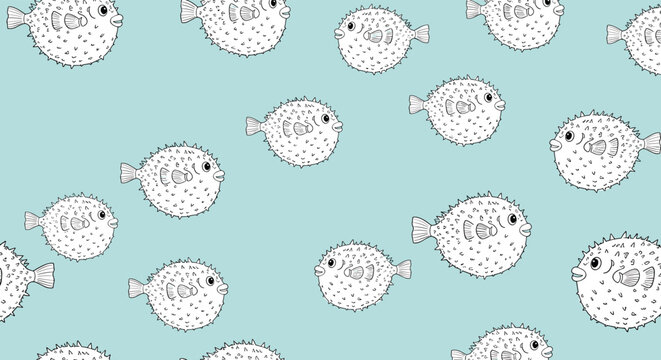 Hand drawn pufferfish with intricate dot patterns are scattered across a light blue background in a seamless design.